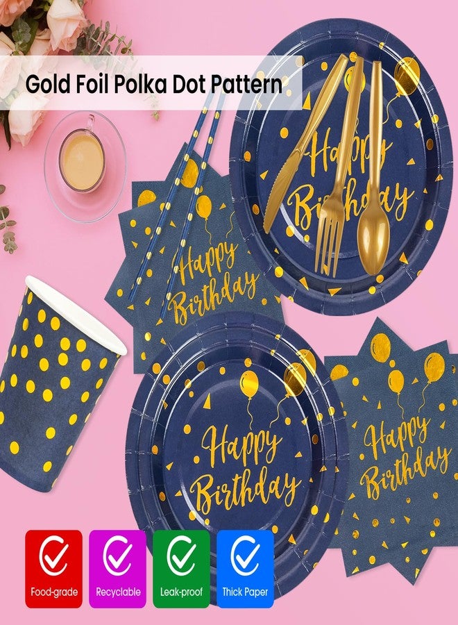 PUEVENYI 400PCS Happy Birthday Party Supplies, Deep Blue and Gold Disposable Dinnerware Set Includes Paper Plates Napkins Cups Straws Forks Knivesand Spoons for Graduation Birthday Party Decorations, Serve 50 - Image 3