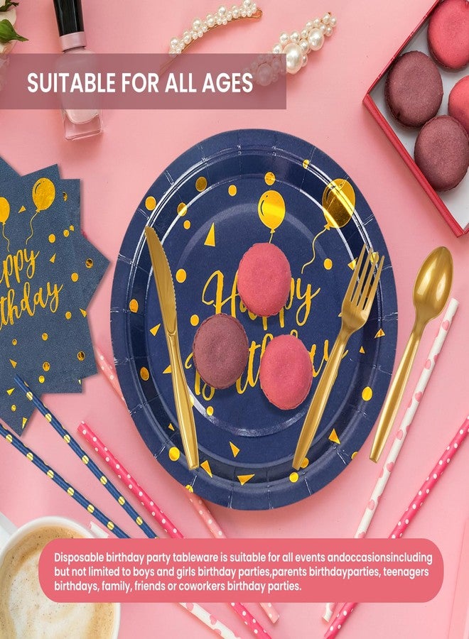 PUEVENYI 400PCS Happy Birthday Party Supplies, Deep Blue and Gold Disposable Dinnerware Set Includes Paper Plates Napkins Cups Straws Forks Knivesand Spoons for Graduation Birthday Party Decorations, Serve 50 - Image 5