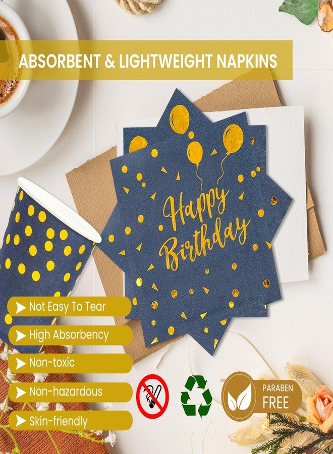 PUEVENYI 400PCS Happy Birthday Party Supplies, Deep Blue and Gold Disposable Dinnerware Set Includes Paper Plates Napkins Cups Straws Forks Knivesand Spoons for Graduation Birthday Party Decorations, Serve 50 - Image 4