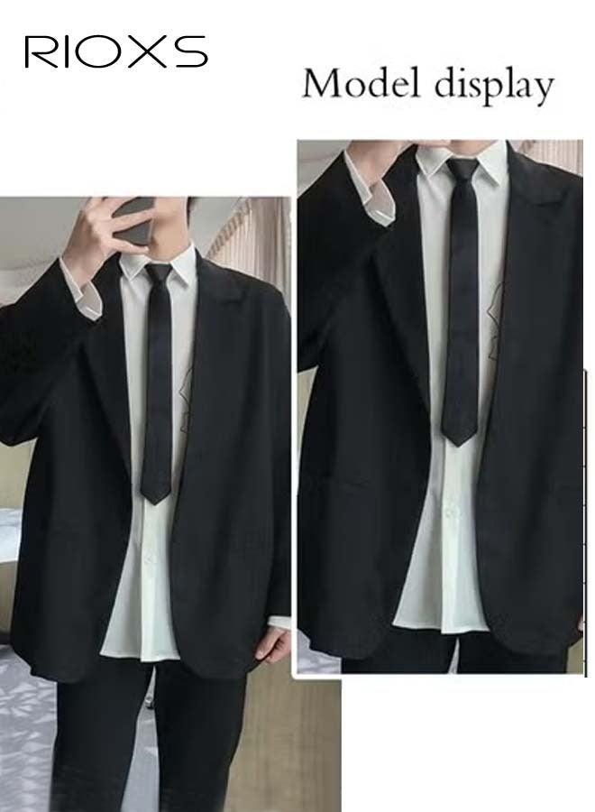 Men's 4 Pieces Fashion Loose Blazer Suit Two Buttons Loose Blazer Jacket & Long Straight Blazer Pants & Long Sleeve White Shirt & Black Tier for Prom Fashion Party or Daily Wear