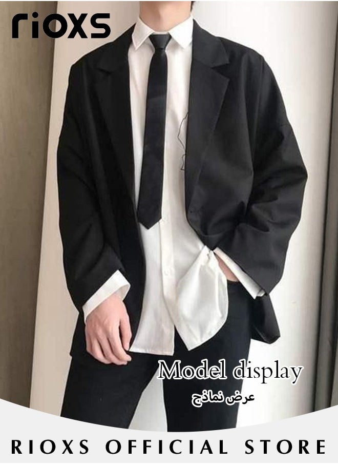 RIOXS Men's 4 Pieces Fashion Loose Blazer Suit Two Buttons Loose Blazer Jacket & Long Straight Blazer Pants & Short Sleeve White Shirt & Black Tier for  Prom Fashion Party or Daily Wear  - Image 3