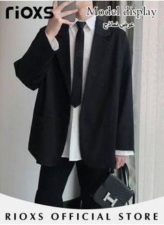 RIOXS Men's 4 Pieces Fashion Loose Blazer Suit Two Buttons Loose Blazer Jacket & Long Straight Blazer Pants & Short Sleeve White Shirt & Black Tier for  Prom Fashion Party or Daily Wear  - Image 2