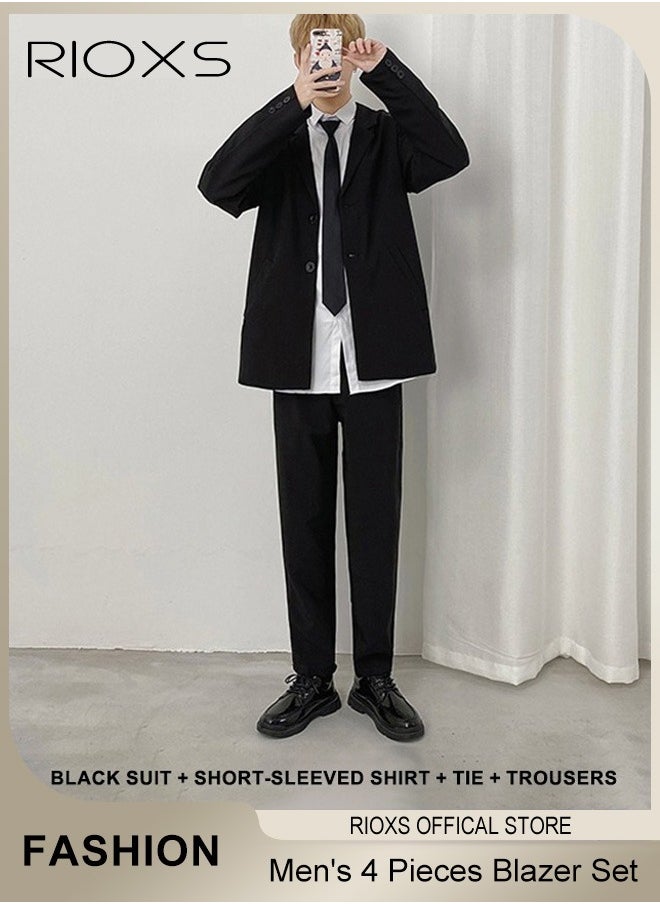 RIOXS Men's 4 Pieces Fashion Loose Blazer Suit Two Buttons Loose Blazer Jacket & Long Straight Blazer Pants & Short Sleeve White Shirt & Black Tier for  Prom Fashion Party or Daily Wear  - Image 1