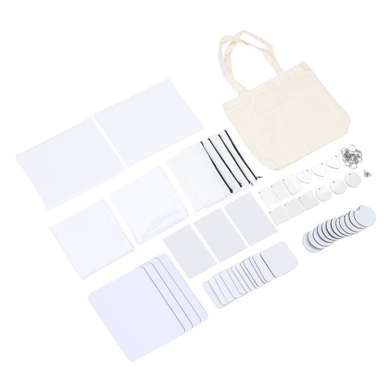 Sublimation Blank Set: 4 Mouse Pads, 12 Quadrate & 12 Car Cup Pads, 2 Pillowcases, 2 Garden Flags, 4 Makeup Bags, 1 Handbag, 3 Puzzles, 12 Keychains, 12 Jump Rings - High Heat Transfer Rate, No Warpin - Image 2