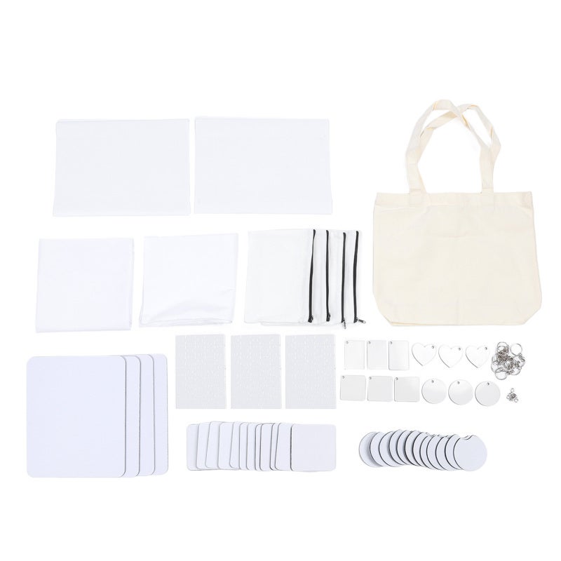 Sublimation Blank Set: 4 Mouse Pads, 12 Quadrate & 12 Car Cup Pads, 2 Pillowcases, 2 Garden Flags, 4 Makeup Bags, 1 Handbag, 3 Puzzles, 12 Keychains, 12 Jump Rings - High Heat Transfer Rate, No Warpin - Image 1