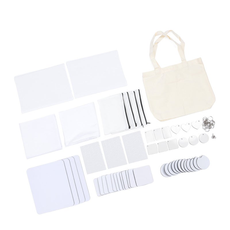 Sublimation Blank Set: 4 Mouse Pads, 12 Quadrate & 12 Car Cup Pads, 2 Pillowcases, 2 Garden Flags, 4 Makeup Bags, 1 Handbag, 3 Puzzles, 12 Keychains, 12 Jump Rings - High Heat Transfer Rate, No Warpin - Image 3