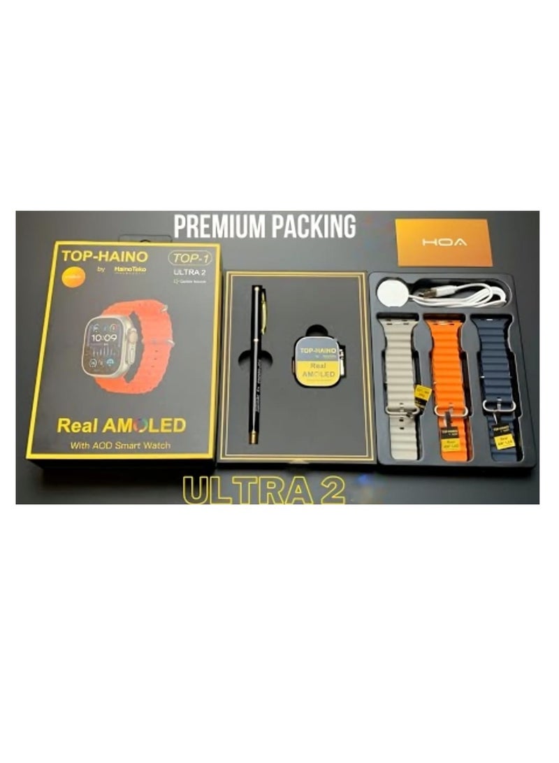 Haino Teko Smart Watch TOP-1 Real AMOLED screen with Three Pairs Of Straps and Wireless Charger with Pen and Note book  - Image 4