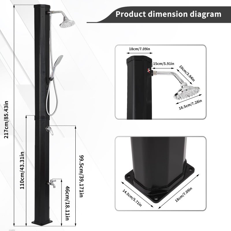 Nollapo 9.3 Gallon Solar Heated Outdoor Shower, 7.2FT Height, 360Â°Rotating Rainfall + 6FT Handheld Shower + Foot Faucet, Freestanding Black Poolside Shower with Hot & Cold Water Adjustment - Image 3