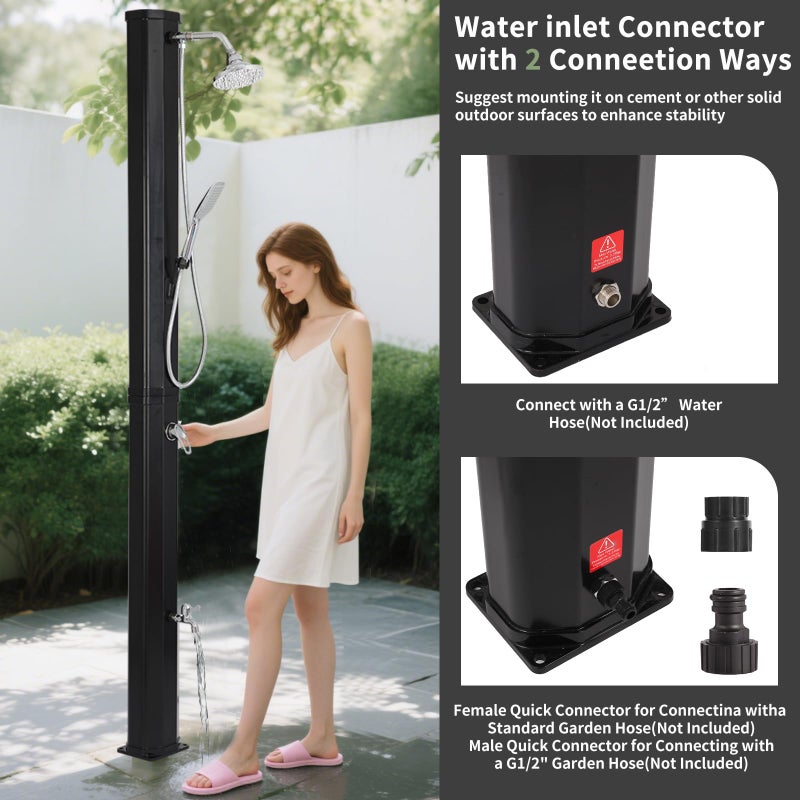 Nollapo 9.3 Gallon Solar Heated Outdoor Shower, 7.2FT Height, 360Â°Rotating Rainfall + 6FT Handheld Shower + Foot Faucet, Freestanding Black Poolside Shower with Hot & Cold Water Adjustment - Image 4
