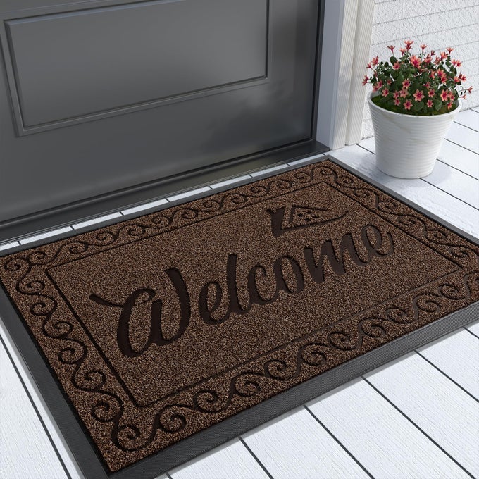 WELCOME MAT HEAVY DUTY STURDY DOOR MATS FOR HOME ENTRANCE OUTDOOR INDOOR FRONT DOORMAT FOR OUTSIDE PATIO FLOOR ENTRY PORCH GARAGE OFFICE WATERPROOF LOW PROFILE 295 X 17 COFFEE