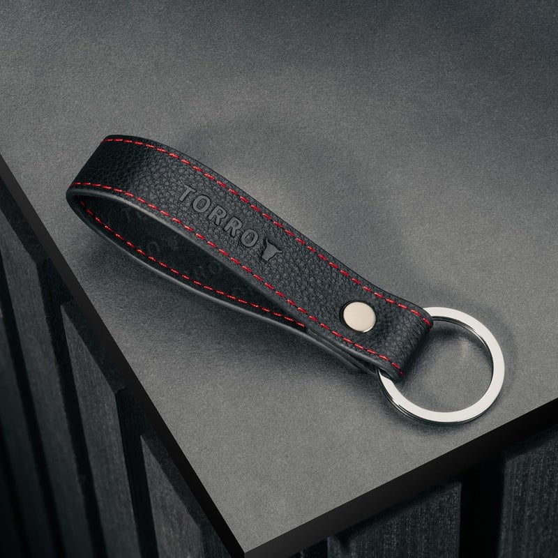 TORRO Genuine Leather Keyring with Brushed Metal Split Ring - Black with Red Detail - Image 4