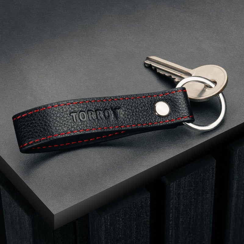 TORRO Genuine Leather Keyring with Brushed Metal Split Ring - Black with Red Detail - Image 2