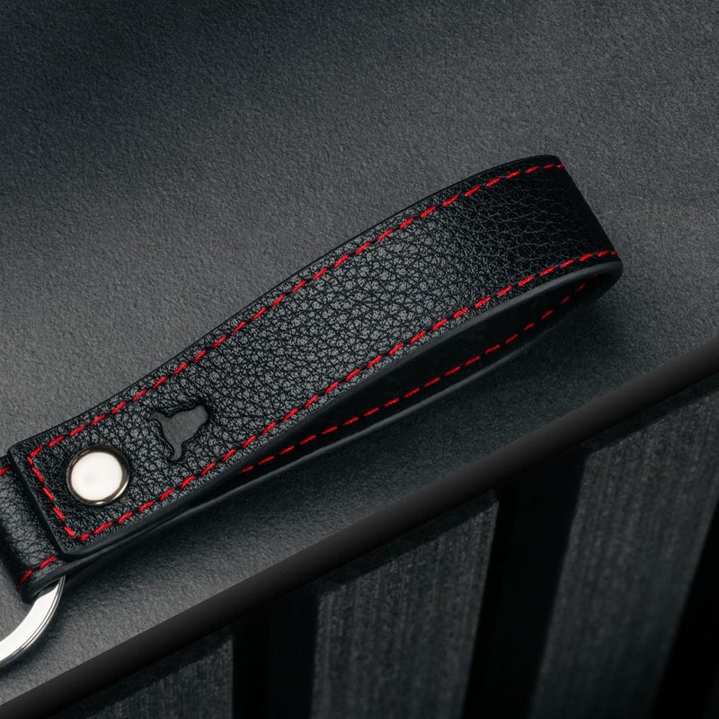 TORRO Genuine Leather Keyring with Brushed Metal Split Ring - Black with Red Detail - Image 3