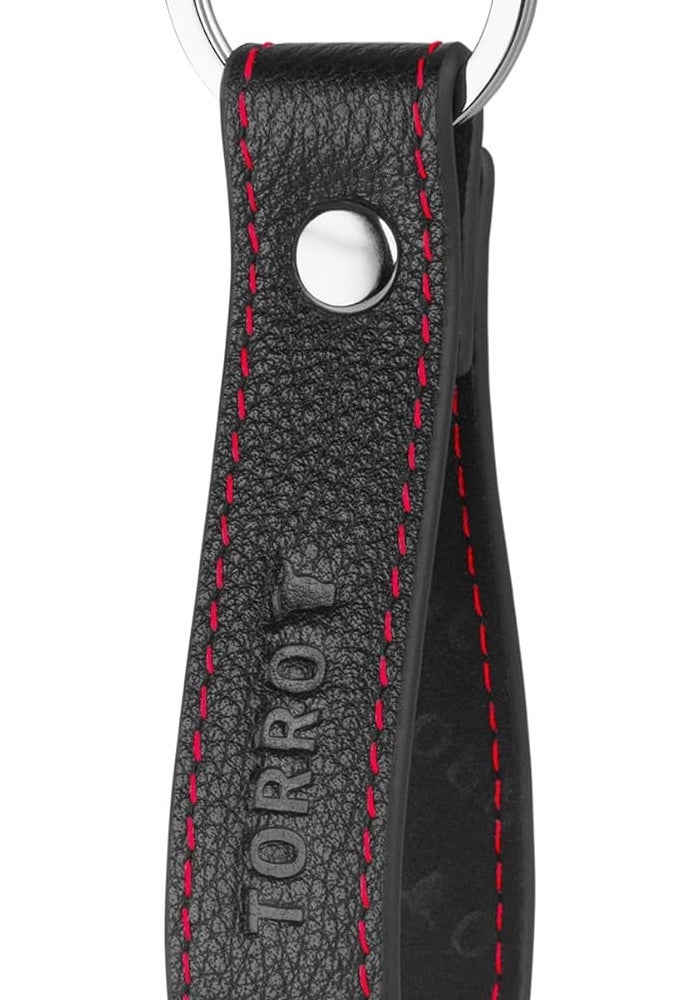 TORRO Genuine Leather Keyring with Brushed Metal Split Ring - Black with Red Detail - Image 1
