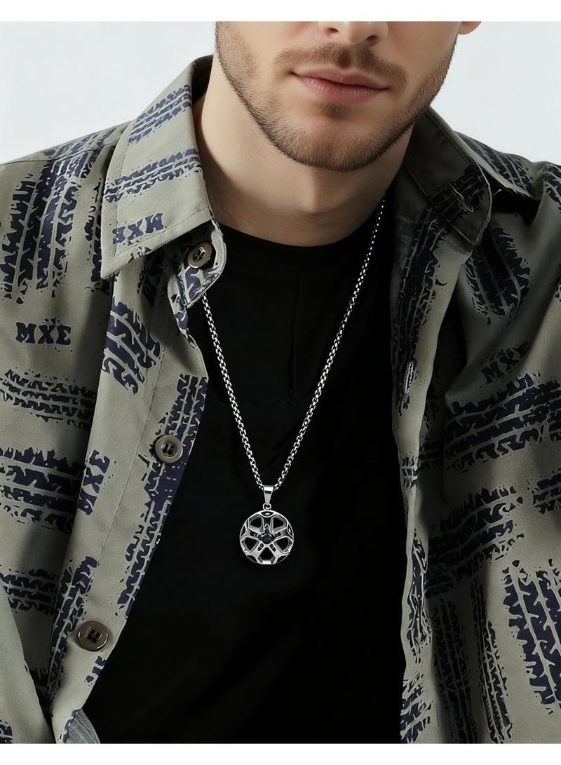 HomeNoor Men’s Wheel Rim Pendant Necklace, Premium Silver Stainless Steel Racing Wheel Hub Design Chain Jewelry, Hip Hop Street Fashion Hip-hop Casual Accessory - Image 1