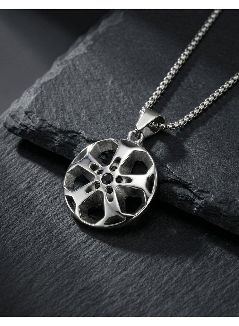 HomeNoor Men’s Wheel Rim Pendant Necklace, Premium Silver Stainless Steel Racing Wheel Hub Design Chain Jewelry, Hip Hop Street Fashion Hip-hop Casual Accessory - Image 4