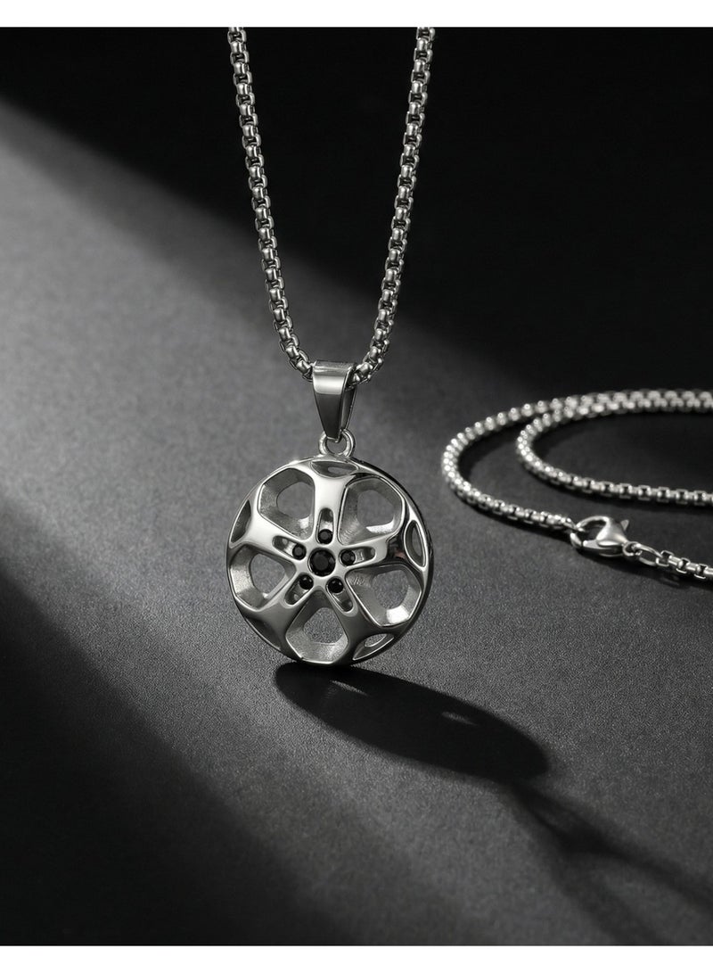 HomeNoor Men’s Wheel Rim Pendant Necklace, Premium Silver Stainless Steel Racing Wheel Hub Design Chain Jewelry, Hip Hop Street Fashion Hip-hop Casual Accessory - Image 5