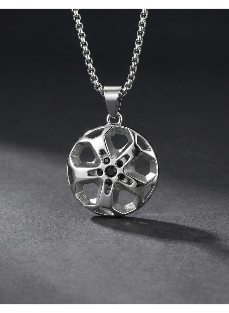 HomeNoor Men’s Wheel Rim Pendant Necklace, Premium Silver Stainless Steel Racing Wheel Hub Design Chain Jewelry, Hip Hop Street Fashion Hip-hop Casual Accessory - Image 3
