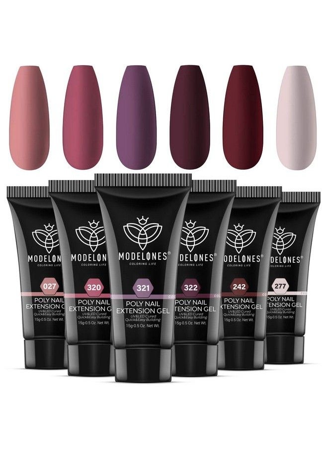 modelones - Poly Nail Gel Set 6 Colors Peach Pink Burgundy Red Skin Tone Poly Extension Gel Nail Enhancement Builder Nail Gel Red Collection French Manicure Diy Home Salon Beauty Gift - Image 1