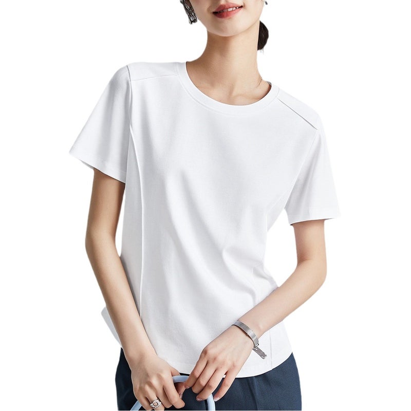 Same Style as in the Mall, Liquid Ammonia White Short-Sleeve Regular Shoulder T-Shirt for Women, Summer 26, Mercerized Cotton Round Neck Base Shirt, Half-Sleeve Tee - Image 2