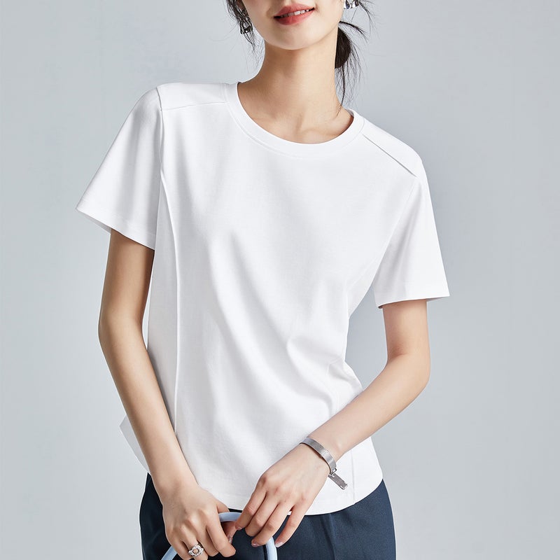 Same Style as in the Mall, Liquid Ammonia White Short-Sleeve Regular Shoulder T-Shirt for Women, Summer 26, Mercerized Cotton Round Neck Base Shirt, Half-Sleeve Tee - Image 1