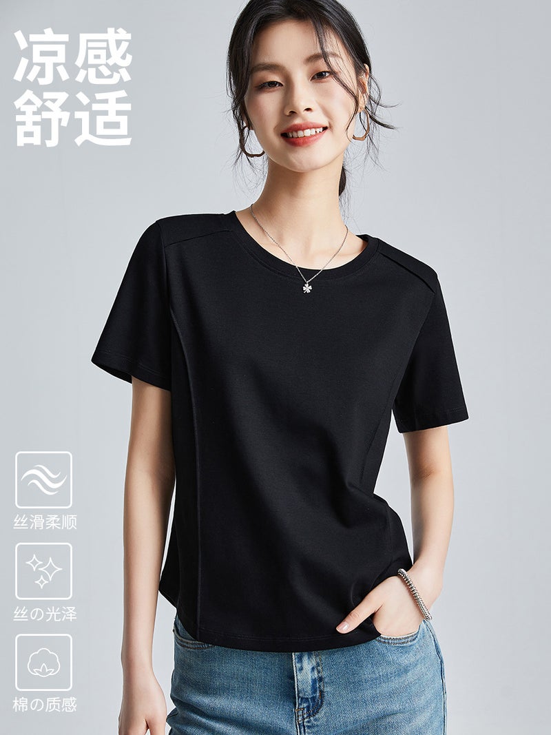 Same Style as in the Mall, Liquid Ammonia White Short-Sleeve Regular Shoulder T-Shirt for Women, Summer 26, Mercerized Cotton Round Neck Base Shirt, Half-Sleeve Tee - Image 5