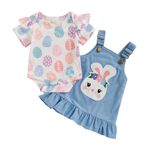 DNOMAID YZARC Easter Baby Girl Clothes Egg Short Sleeve Romper Bunny Embroidery Suspender Skirt Set Newborn Dress Outfit Blue 03 Months - Image 1