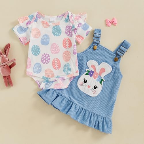 DNOMAID YZARC Easter Baby Girl Clothes Egg Short Sleeve Romper Bunny Embroidery Suspender Skirt Set Newborn Dress Outfit Blue 03 Months - Image 3