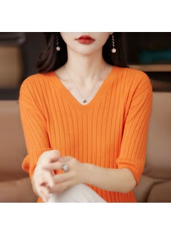 Womens V-Neck Short Sleeve Knit Base Layer Top Simple Solid Color Sweater Middle Sleeve T-Shirt Easy Wear Casual Style Love horse orange