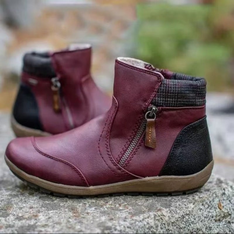 Plus Size New Short Boots Fashion Retro Leather Stitching Comfortable Flat Bottom Side Zipper Martin Boots Women - Image 3