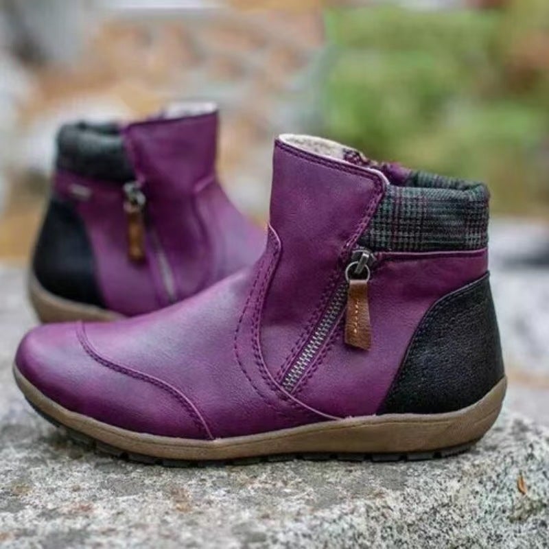 Plus Size New Short Boots Fashion Retro Leather Stitching Comfortable Flat Bottom Side Zipper Martin Boots Women - Image 1