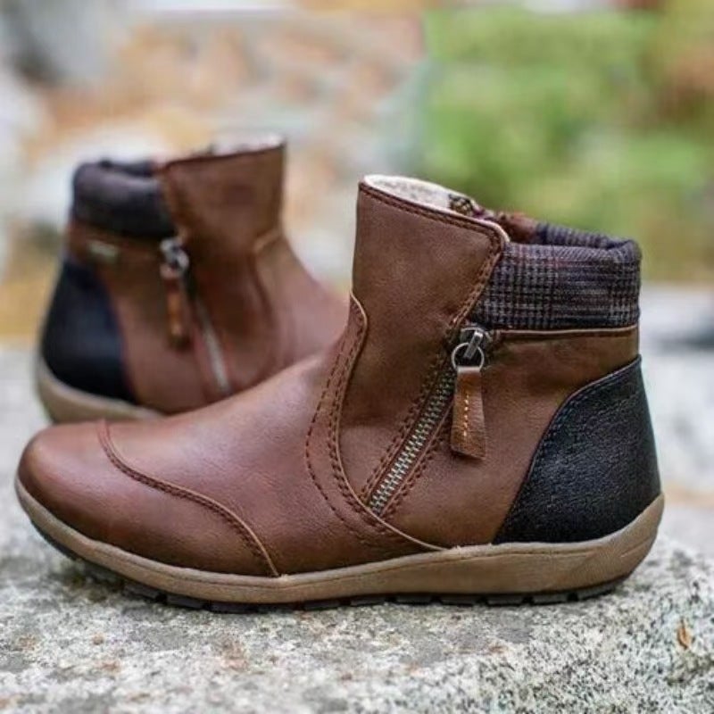 Plus Size New Short Boots Fashion Retro Leather Stitching Comfortable Flat Bottom Side Zipper Martin Boots Women - Image 4