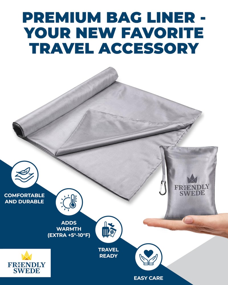 The Friendly Swede Sleeping Bag Liner Ultralight - Thin Travel Sheets for Hotel w Full Length Zipper; Silky Feel Camping Sheets & Adult Sleep Sack for Backpacking; Travel Sleeping Bag - Grey (Zipper) - Image 2