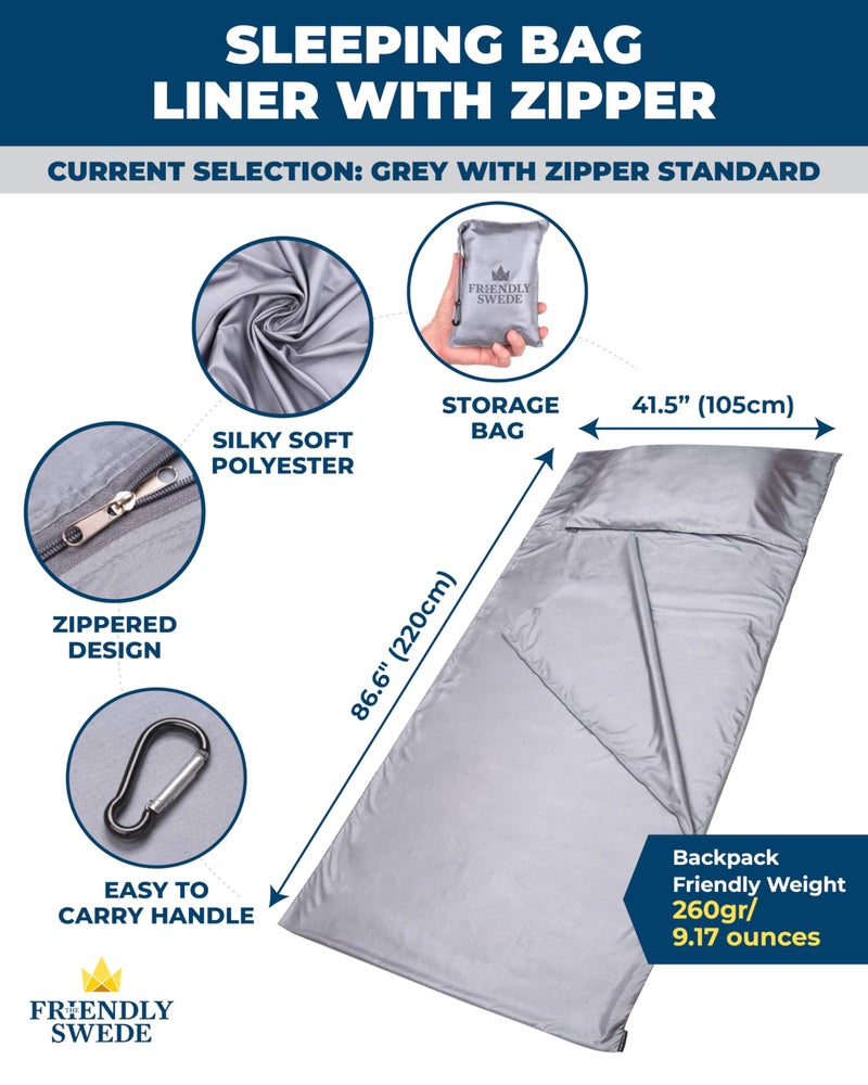 The Friendly Swede Sleeping Bag Liner Ultralight - Thin Travel Sheets for Hotel w Full Length Zipper; Silky Feel Camping Sheets & Adult Sleep Sack for Backpacking; Travel Sleeping Bag - Grey (Zipper) - Image 3