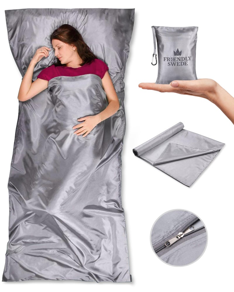 The Friendly Swede Sleeping Bag Liner Ultralight - Thin Travel Sheets for Hotel w Full Length Zipper; Silky Feel Camping Sheets & Adult Sleep Sack for Backpacking; Travel Sleeping Bag - Grey (Zipper) - Image 1