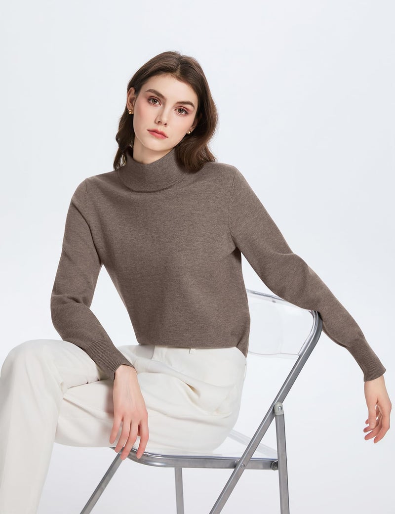 PEHMEA Women's Mock Neck Sweater Light Wool Blend Slim Soft Pullover Dressy Casual Top for Fall Winter Warm(Brown-L) - Image 5