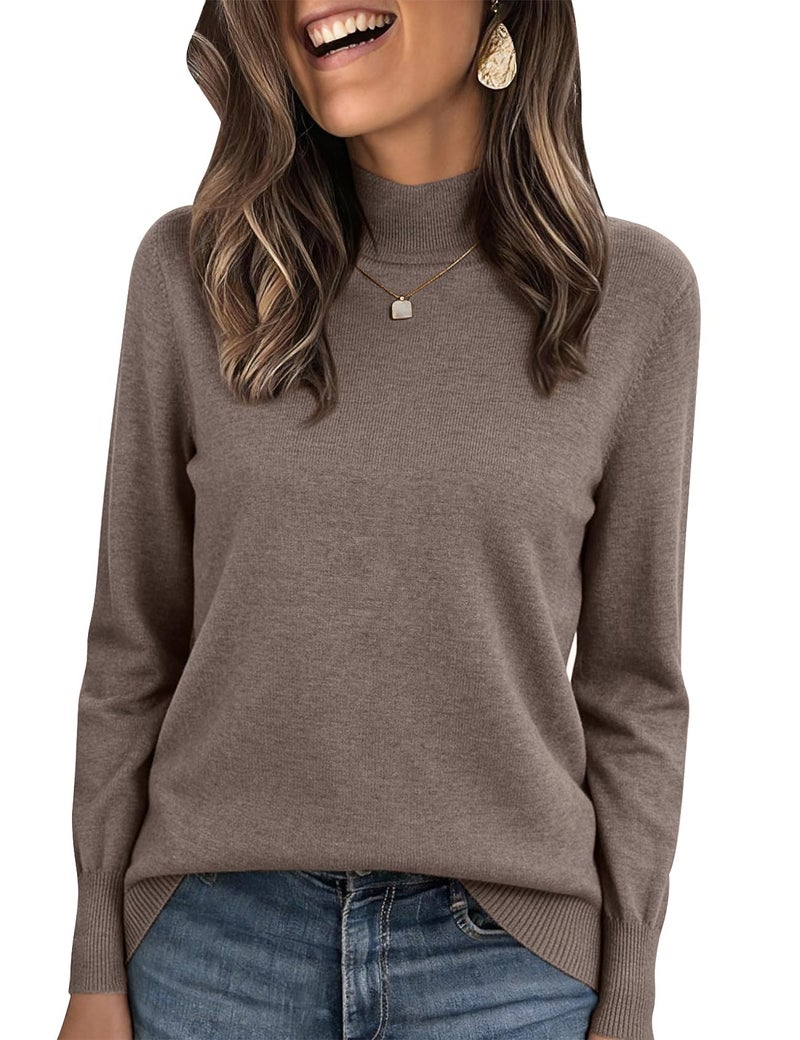 PEHMEA Women's Mock Neck Sweater Light Wool Blend Slim Soft Pullover Dressy Casual Top for Fall Winter Warm(Brown-L) - Image 1