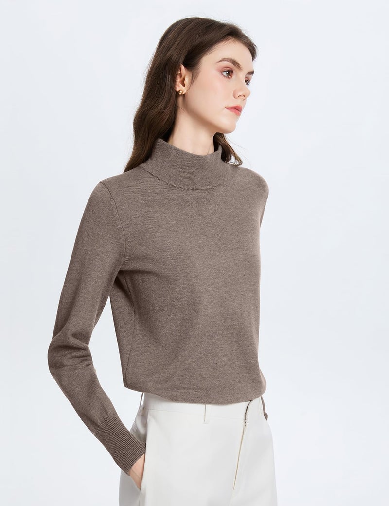 PEHMEA Women's Mock Neck Sweater Light Wool Blend Slim Soft Pullover Dressy Casual Top for Fall Winter Warm(Brown-L) - Image 4