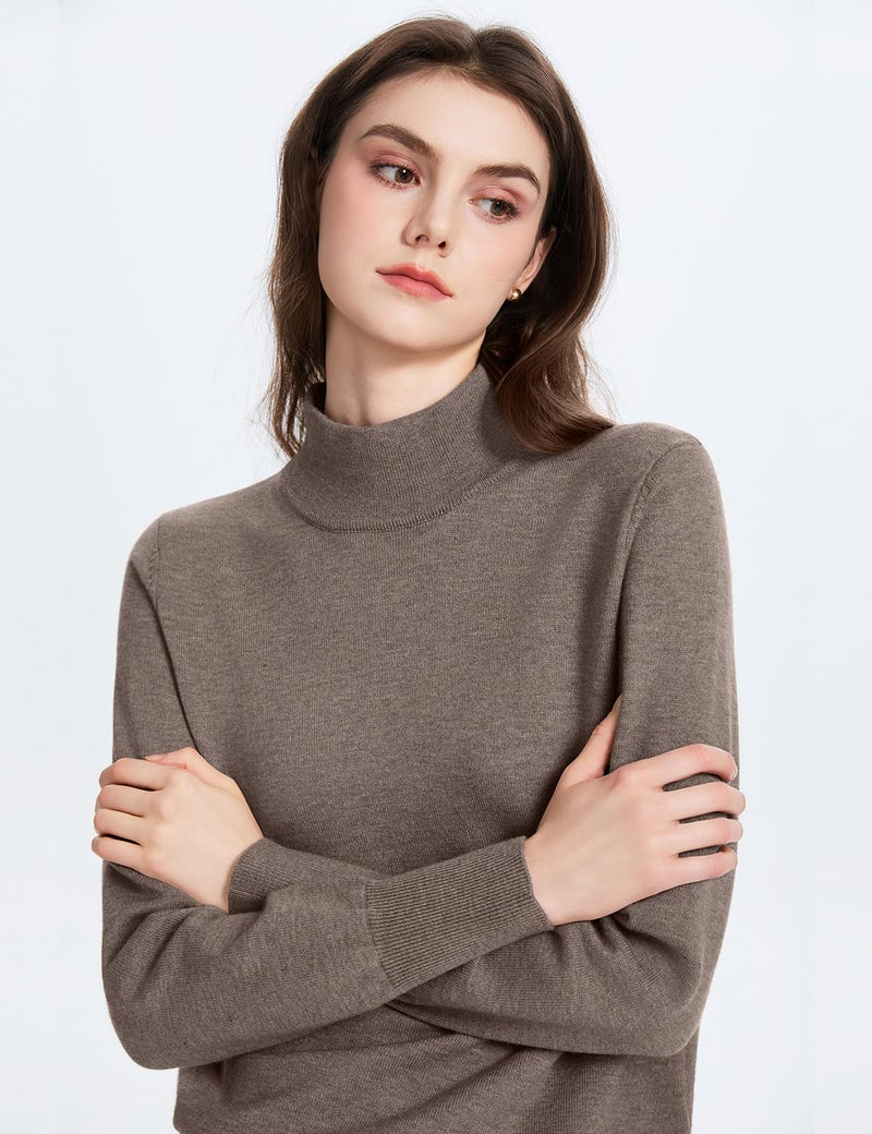 PEHMEA Women's Mock Neck Sweater Light Wool Blend Slim Soft Pullover Dressy Casual Top for Fall Winter Warm(Brown-L) - Image 3