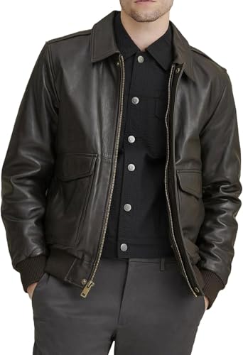 Crafter Men's Classic A2 Aviator WWII Flying Tiger Leather Jacket - Pilot Bomber Leather Jacket With Shirt Collar For Men (US, Alpha, 3X-Large, Regular, Regular, Dark Brown) - Image 1