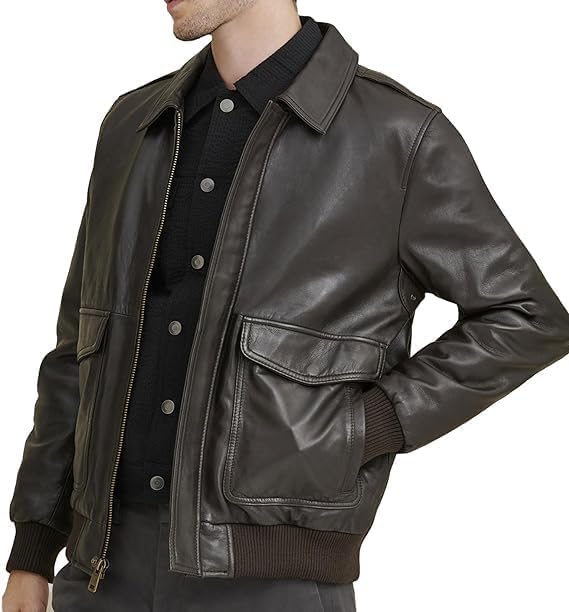 Crafter Men's Classic A2 Aviator WWII Flying Tiger Leather Jacket - Pilot Bomber Leather Jacket With Shirt Collar For Men (US, Alpha, 3X-Large, Regular, Regular, Dark Brown) - Image 2
