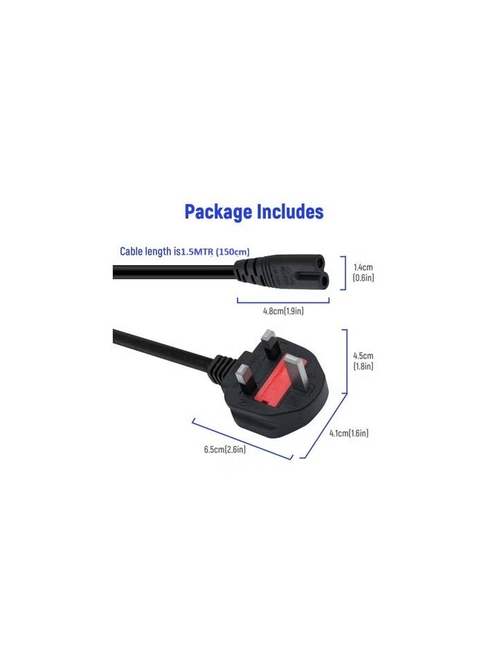 2-Prong UK Power Cord Cable with Fuse (1.5M) – Compatible with Samsung, LG, TCL, Sony TVs, HP Printers, PS3/PS4/PS5, Laptops, Monitors & Small Appliances – Durable Mains Supply Cable - Image 5