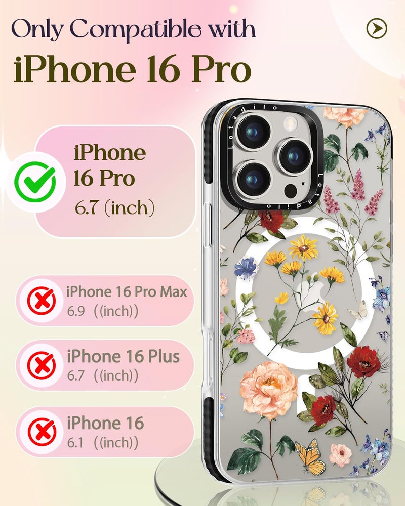 Lotadilo Case for iPhone 16 Pro Case Compatible with Magsafe Ring Holder Stand - for Women Retro Flower Design TPU Phone Cover for Girls Girly Funny Fashion - Image 2