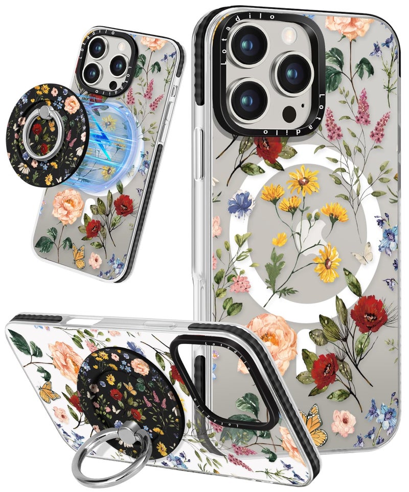 Lotadilo Case for iPhone 16 Pro Case Compatible with Magsafe Ring Holder Stand - for Women Retro Flower Design TPU Phone Cover for Girls Girly Funny Fashion - Image 1