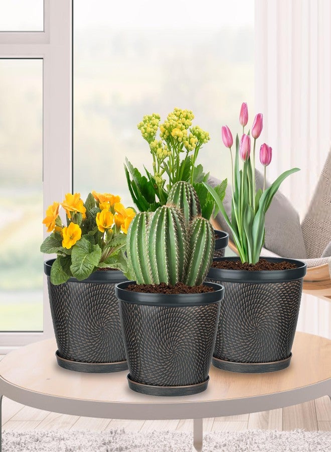 Quarut 4 Pack 8 Inch Flower Pots for Outdoor Indoor, Plastic Plant Pots with Drainage Hole & Saucer, Lightweight Small Flower Pot, Circle Pattern Planters for Garden House planters（Brown） - Image 2