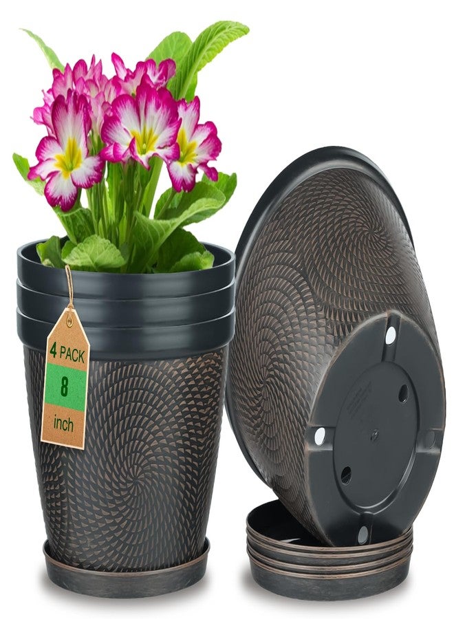 Quarut 4 Pack 8 Inch Flower Pots for Outdoor Indoor, Plastic Plant Pots with Drainage Hole & Saucer, Lightweight Small Flower Pot, Circle Pattern Planters for Garden House planters（Brown） - Image 1