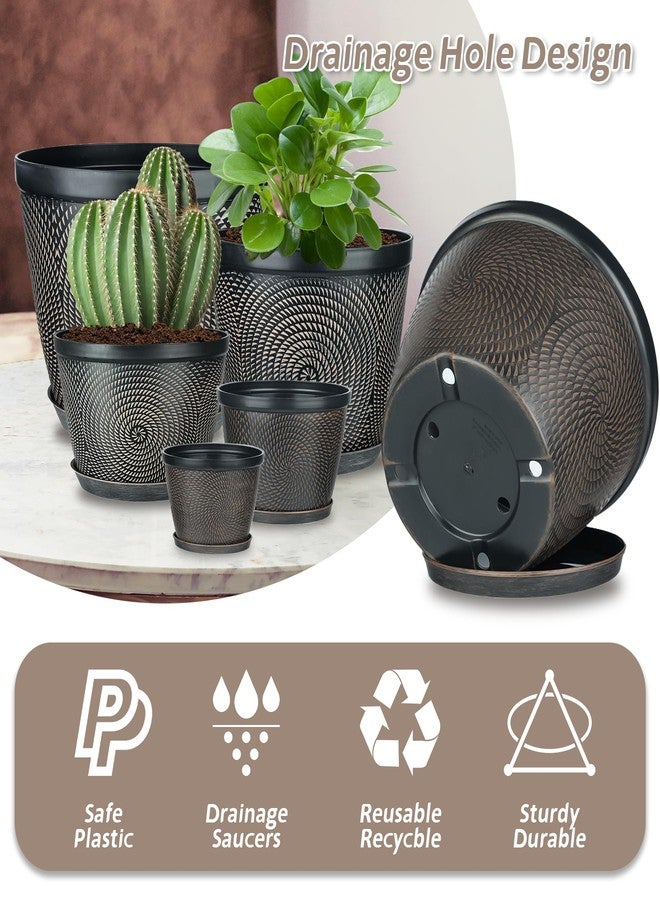 Quarut 4 Pack 8 Inch Flower Pots for Outdoor Indoor, Plastic Plant Pots with Drainage Hole & Saucer, Lightweight Small Flower Pot, Circle Pattern Planters for Garden House planters（Brown） - Image 4