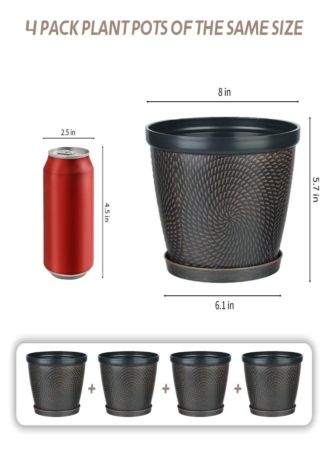 Quarut 4 Pack 8 Inch Flower Pots for Outdoor Indoor, Plastic Plant Pots with Drainage Hole & Saucer, Lightweight Small Flower Pot, Circle Pattern Planters for Garden House planters（Brown） - Image 3
