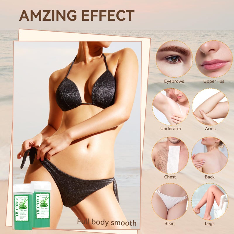 FOCTXI Roll On Wax kit, Wax Roller Kit for Hair Removal, Waxing Kit for Women All Skin Types with ï¼·ax Warmer, 2 Aloe Vera ï¼·ax Cartridge, 100 Non-Woven ï¼·ax Strips & 10 Wipes - Image 4