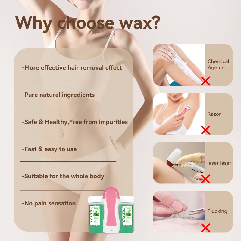 FOCTXI Roll On Wax kit, Wax Roller Kit for Hair Removal, Waxing Kit for Women All Skin Types with ï¼·ax Warmer, 2 Aloe Vera ï¼·ax Cartridge, 100 Non-Woven ï¼·ax Strips & 10 Wipes - Image 2